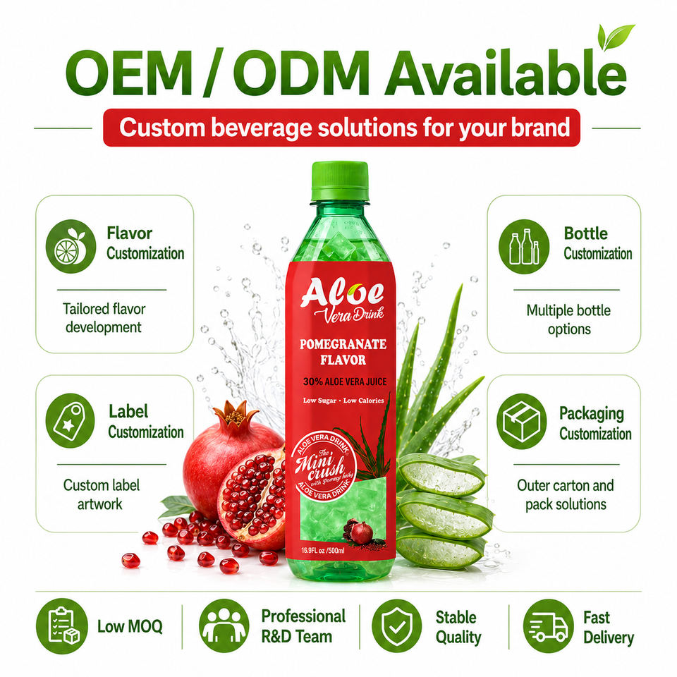 Wholesale 500ml Pomegranate Flavor Aloe Vera Drink with 30% Aloe Juice & Real Pulp Low Sugar Low Calorie Healthy Soft Drink