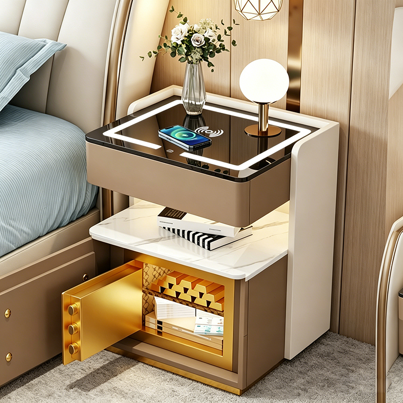 Hot Selling Smart Bedside Table LED Wireless Charging Nightstand with Storage Solid Wood Modern Design for Bedroom Apartment