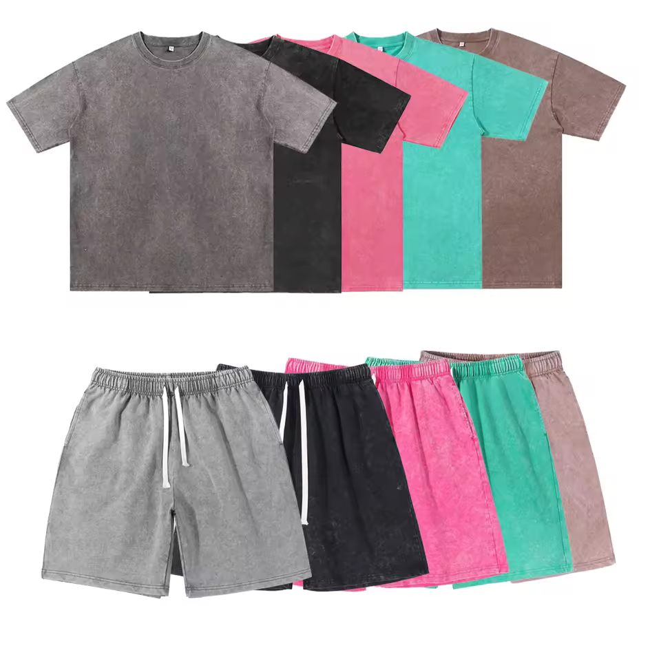 High Quality 230G Acid Washed T-shirt 300gsm Shorts 100% Cotton Breathable Men's Short Sleeved Casual Men Two Piece Sets
