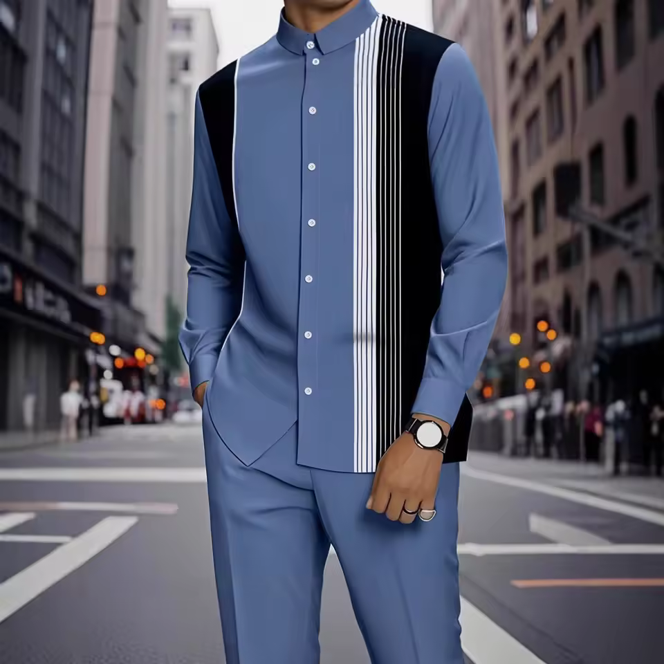 European American In-stock Men's Casual Breathable 3D Digital Print Autumn Summer Striped Outdoor Shirt Rhinestone Set