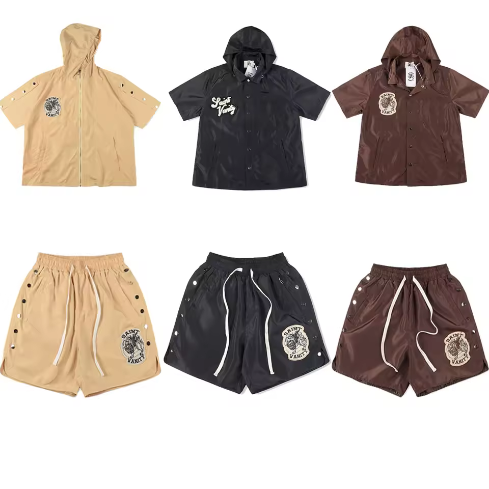 SAINT VANITY  Men's Casual Summer Windbreaker 2-Piece Hooded Shirt Shorts Set Button-Up T Shirt Short Shirts