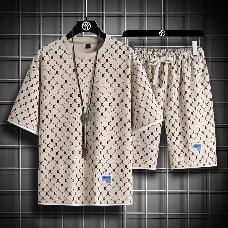 Support Customization of One Item Trendy Printed Short Sleeved Men's T-shirt Fashionable Cool Men's T-shirt Shorts Two-piece Set