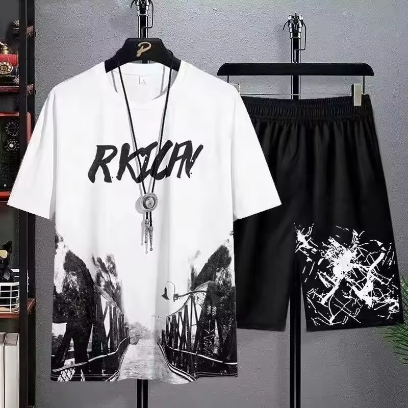 Men's Casual Summer Breathable Printed Solid Short-Sleeved T-Shirt Suit Korean-Style Slim-Fit Plus Size Sports Two-Piece Set