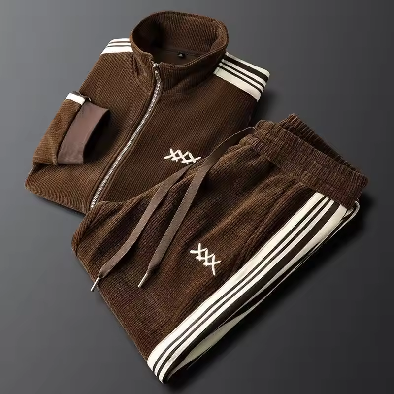 Autumn Winter Men's Two-Piece Set New Fashion Casual Sports Jacket Straight-Leg Pants Stand Collar Cardigan with Knitted Weaving