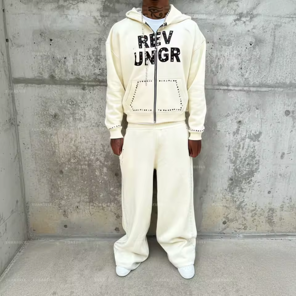 Men's Hoodies Rhinestone 100% Cotton Sweatpants and Hoodie Set Oversized Full Zip up Heavyweight Hoodie and Jogger Set for Men