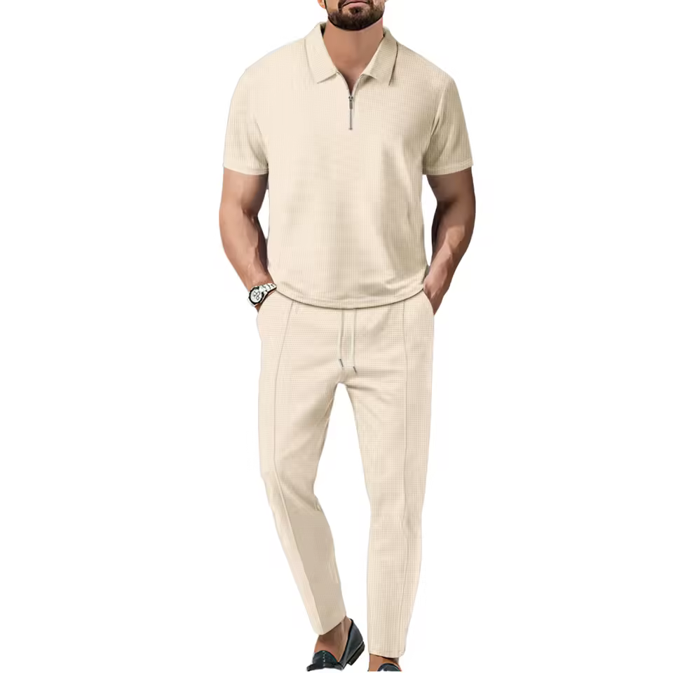 High Quality Summer Fashion Men's Solid Color Short Sleeved Pants Set with Lapel Zipper Casual Versatile Two-Piece T-Shirt Set