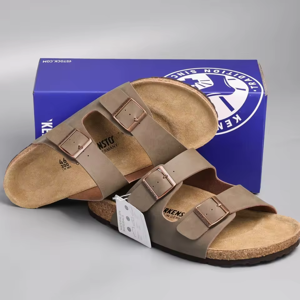BIRKEN Arizona Style Oiled Leather Two-Strap Sandals Adjustable Buckle Cork Foot Bed Arch Support EVA Sole Unisex Casual Slides