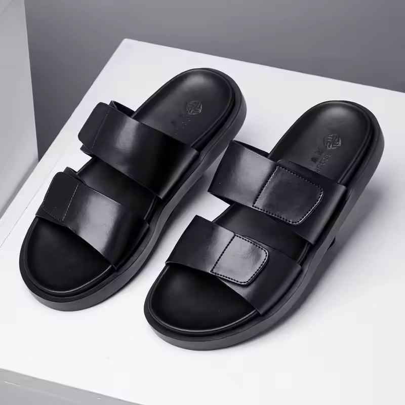 Hot-selling Breathable Fashionable Genuine Leather Flat Slide Sandals for Men in Summer