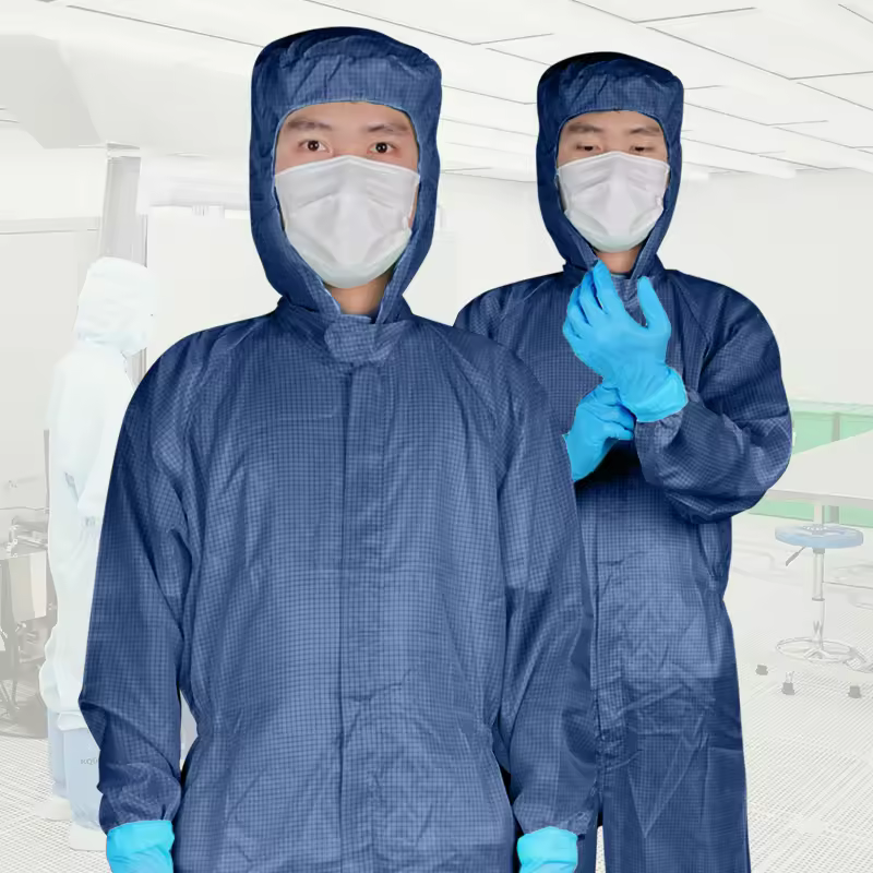 Button Resizing Double Zipper Threaded Cuff 5mm Grid ESD Anti-static Autoclavable ISO 4-8 Class Cleanroom Dark Blue Coverall