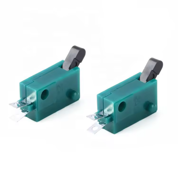 Micro Leaf Switch 2-Pin Reset Type for Toy & Appliance Detection, Green Plastic Housing, High Cycle Life, Compact Design