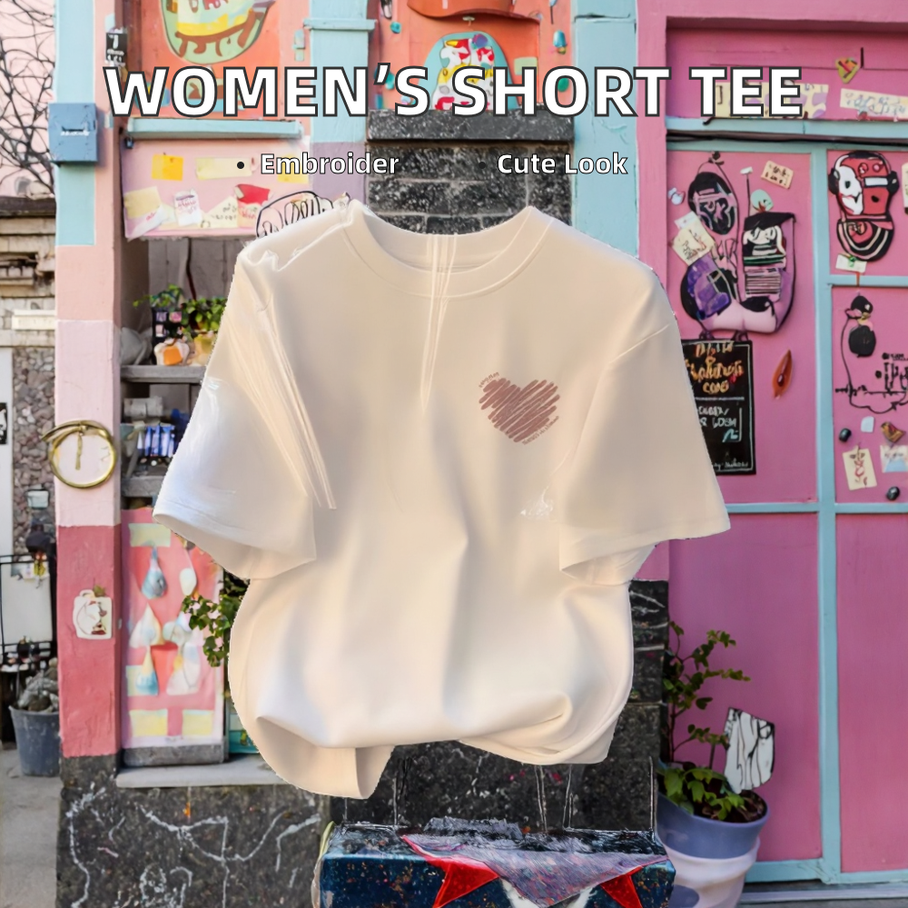 女士休闲短袖刺绣定制T恤 弹力棉常规版型