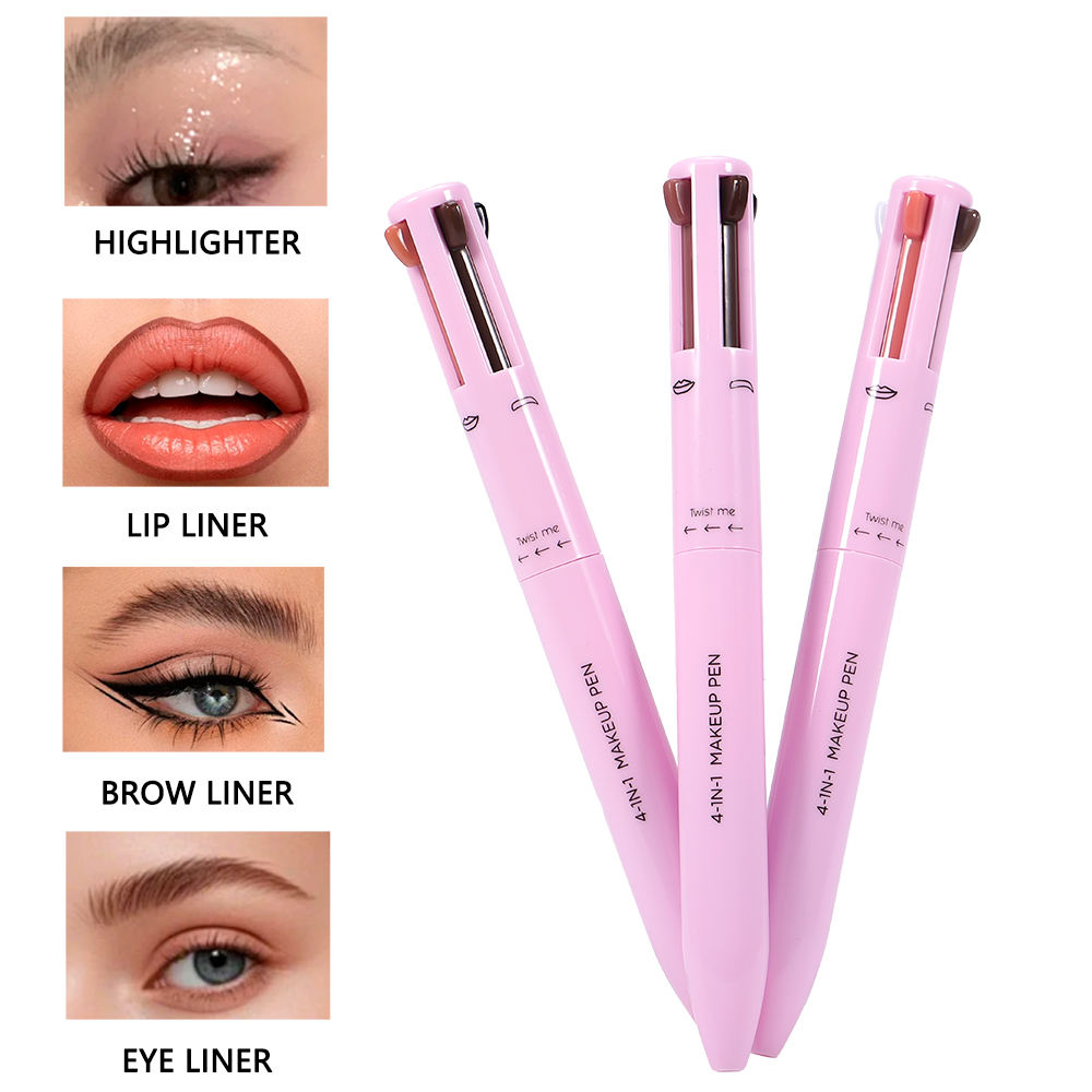 Private Label Multifunctional 4-in-1 Vegan Eyebrow Pencil Eyeliner Lip Liner Highlighter Makeup Beauty Pen Waterproof